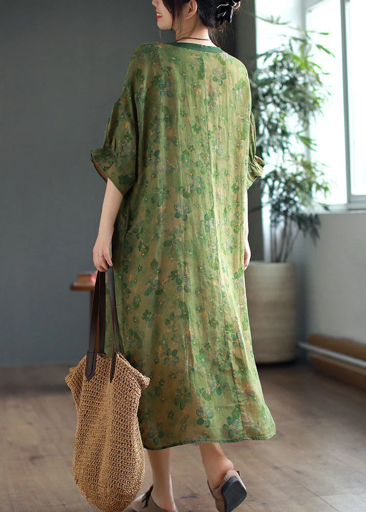 Vintage Green Ruffled Lace Up Print Linen Dress Half Sleeve - Image 5