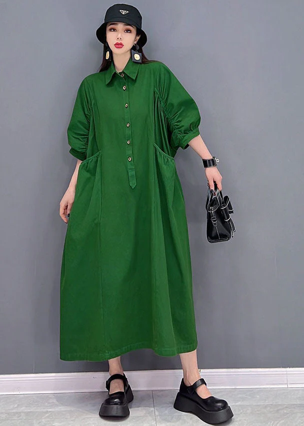 Vintage Green Solid Peter Pan Collar Cinched Pockets Cotton Long Dresses Half Sleeve - Image 2