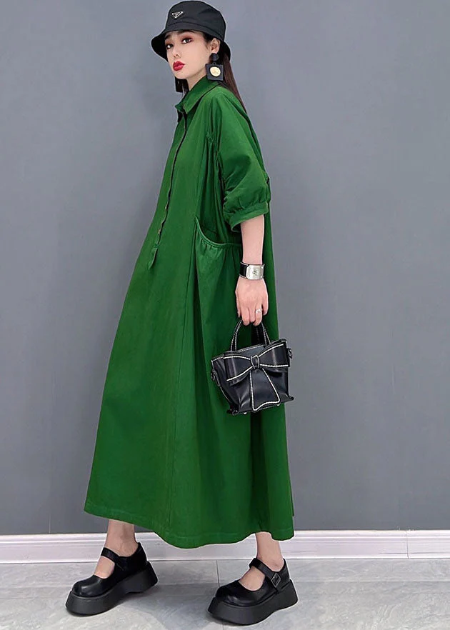 Vintage Green Solid Peter Pan Collar Cinched Pockets Cotton Long Dresses Half Sleeve - Image 3