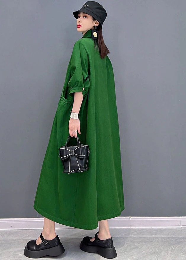 Vintage Green Solid Peter Pan Collar Cinched Pockets Cotton Long Dresses Half Sleeve - Image 4