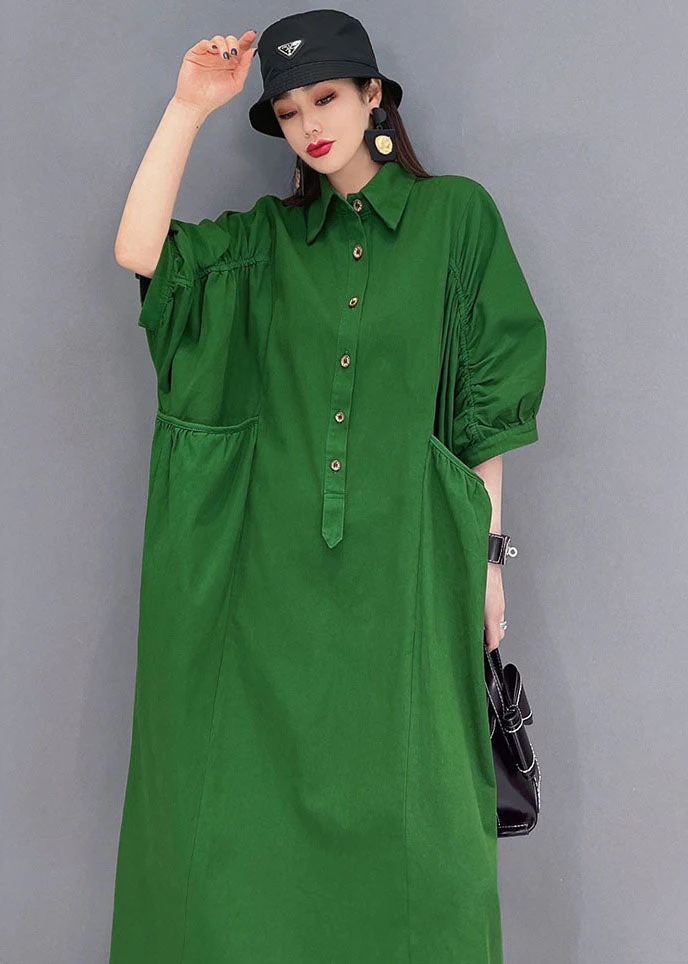 Vintage Green Solid Peter Pan Collar Cinched Pockets Cotton Long Dresses Half Sleeve - Image 5