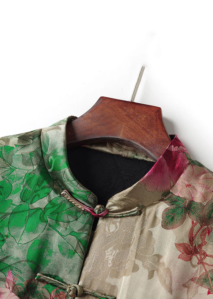 Vintage Green Stand Collar Chinese Button Print Cotton Filled Coats Spring - Image 3