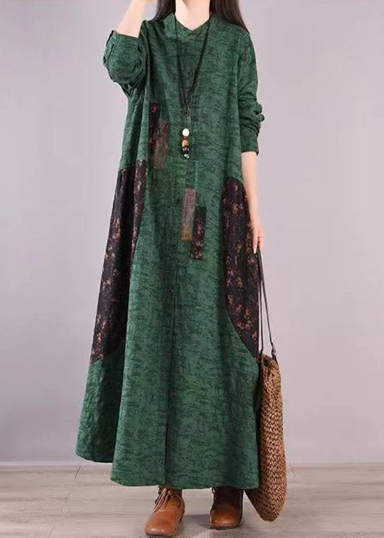 Vintage Green Stand Collar Print Patchwork Cotton Shirts Dresses Fall - Image 2