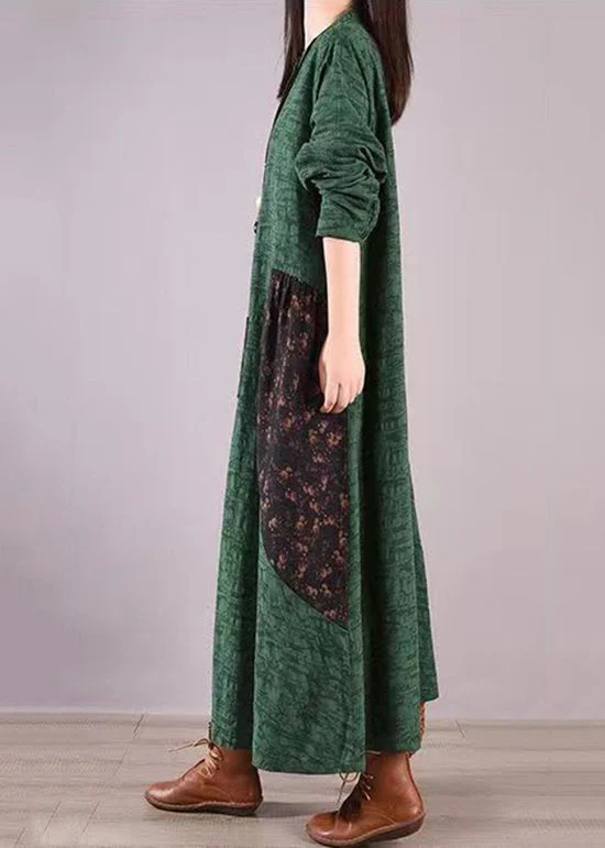 Vintage Green Stand Collar Print Patchwork Cotton Shirts Dresses Fall - Image 3