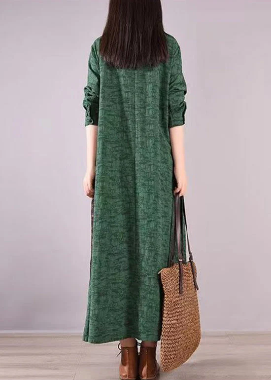 Vintage Green Stand Collar Print Patchwork Cotton Shirts Dresses Fall - Image 4