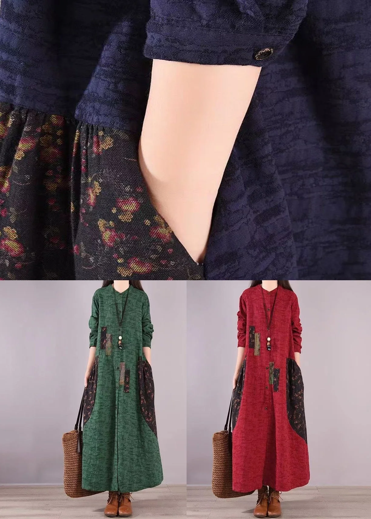 Vintage Green Stand Collar Print Patchwork Cotton Shirts Dresses Fall - Image 5