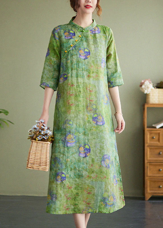 Vintage Green Stand Collar Print Side Open Cotton Linen Cheongsam Dress Half Sleeve - Image 2