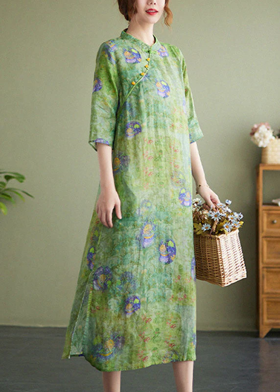 Vintage Green Stand Collar Print Side Open Cotton Linen Cheongsam Dress Half Sleeve - Image 3