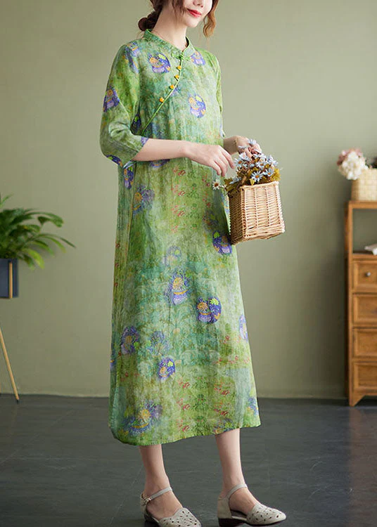 Vintage Green Stand Collar Print Side Open Cotton Linen Cheongsam Dress Half Sleeve - Image 4