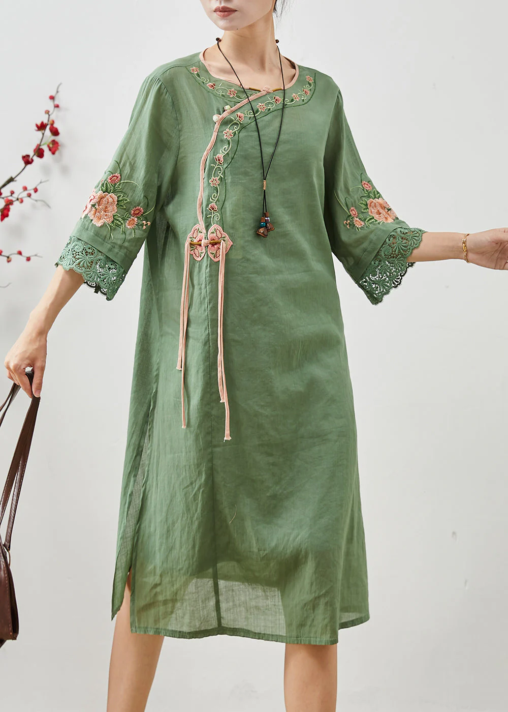 Vintage Green Tasseled Embroidered Linen Dresses Summer - Image 2