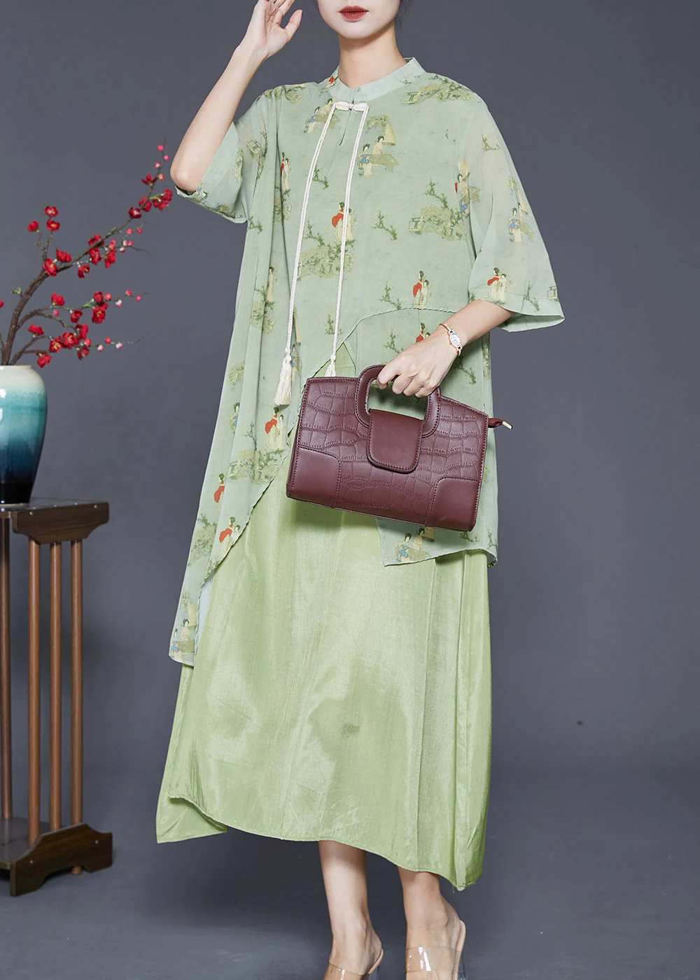Vintage Green Tasseled Print Silk Long Dresses Summer - Image 2