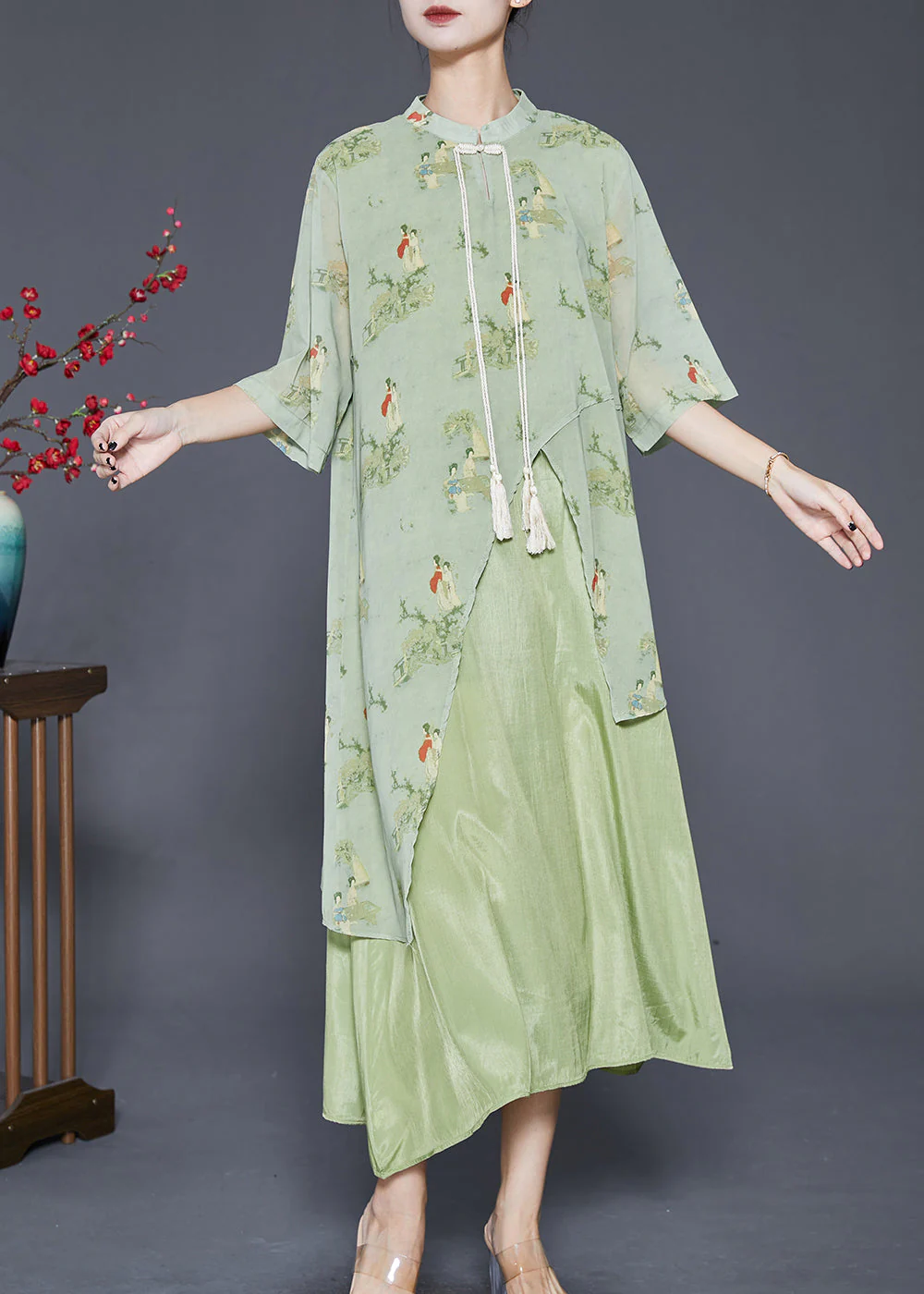 Vintage Green Tasseled Print Silk Long Dresses Summer - Image 3
