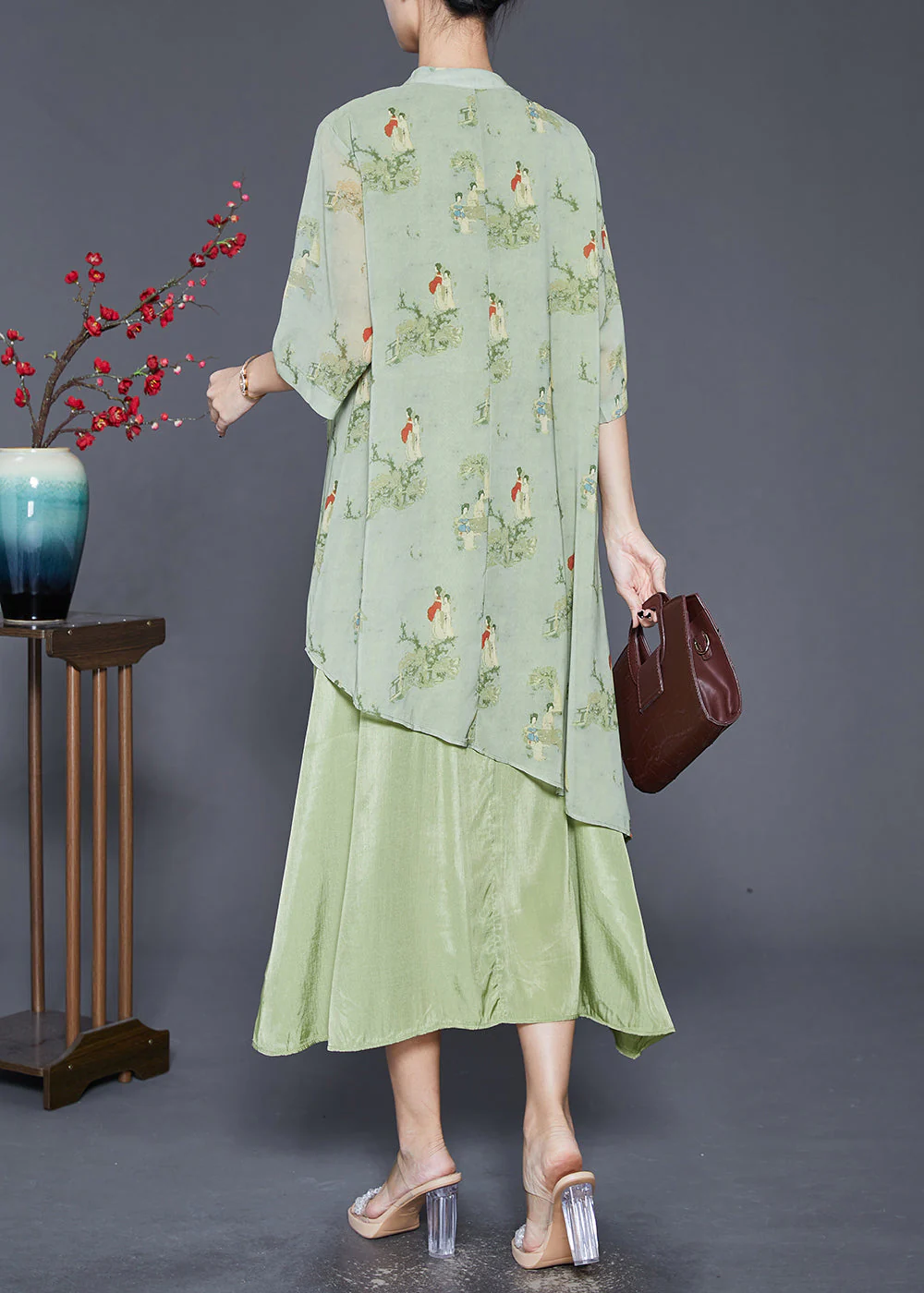 Vintage Green Tasseled Print Silk Long Dresses Summer - Image 4