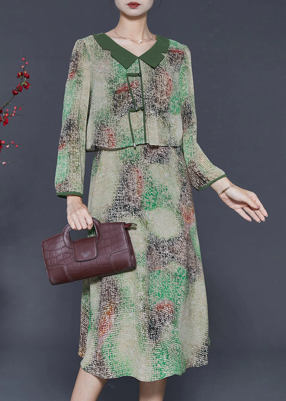 Vintage Green Tie Dye Chinese Button Chiffon Fake Two Piece Dress Spring - Image 2