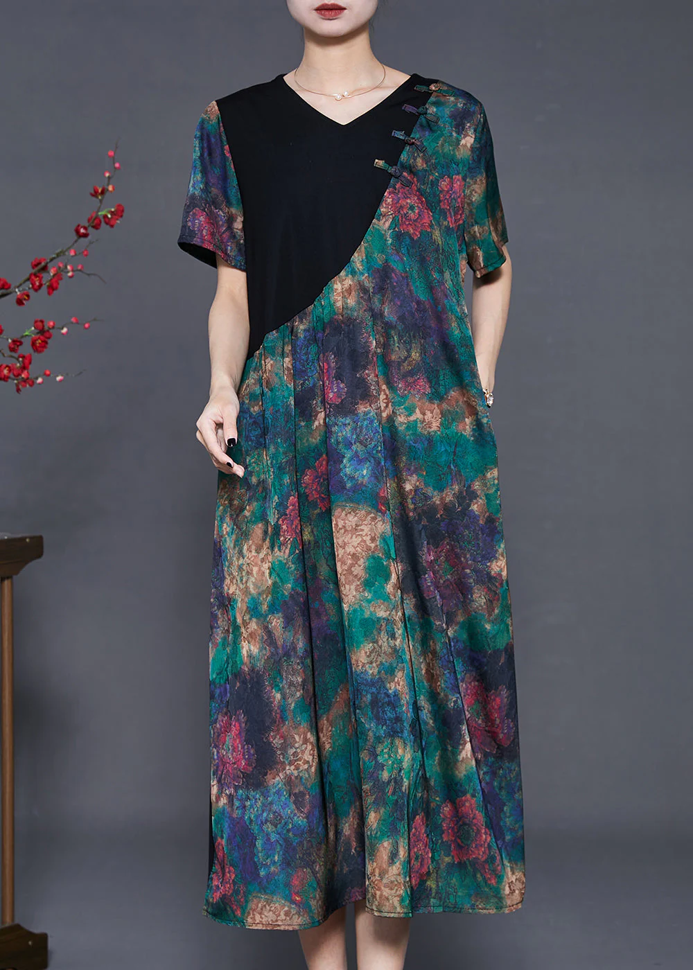 Vintage Green Tie Dye Patchwork Silk Oriental Dress Summer - Image 2