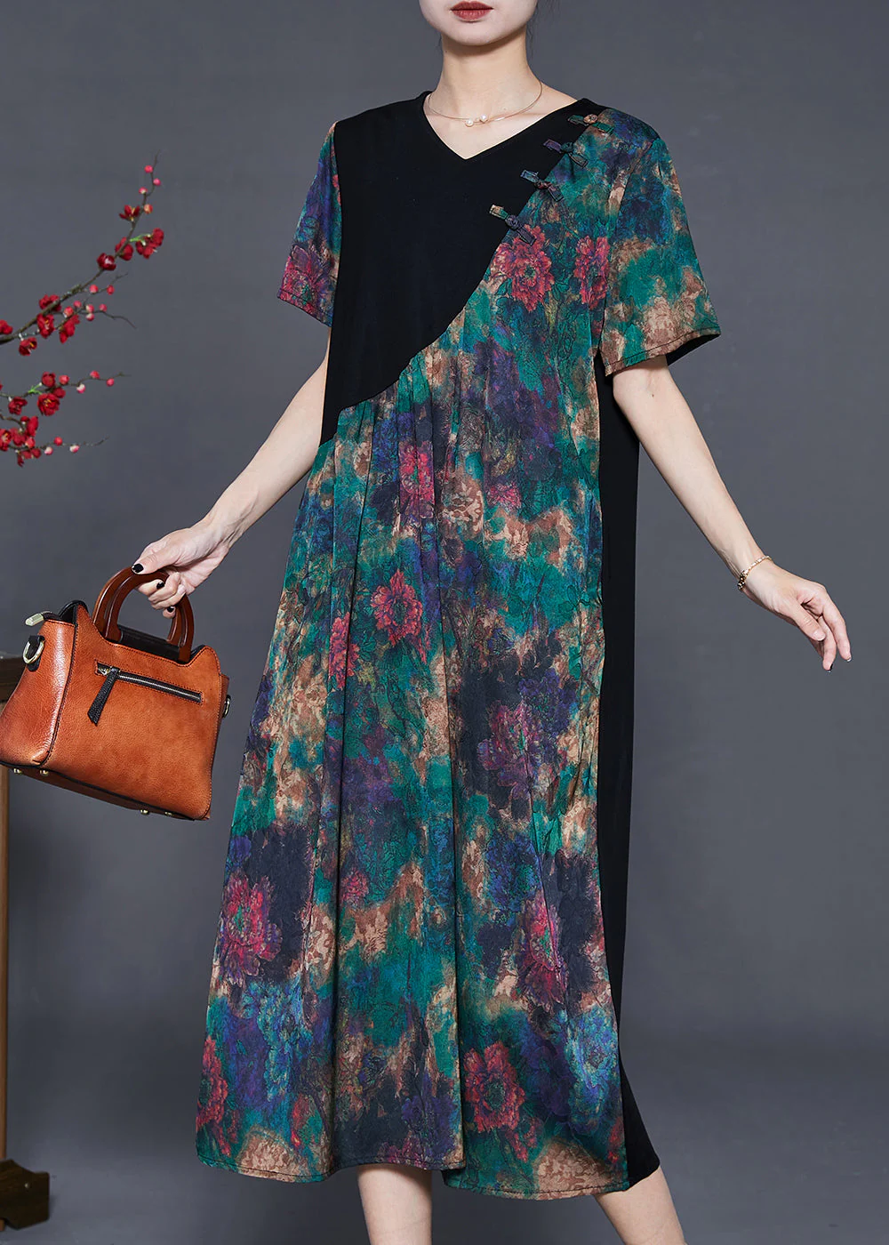 Vintage Green Tie Dye Patchwork Silk Oriental Dress Summer - Image 3