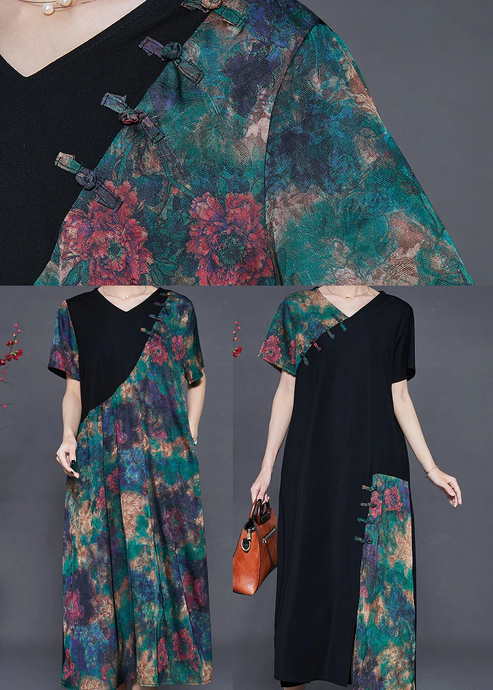 Vintage Green Tie Dye Patchwork Silk Oriental Dress Summer - Image 5