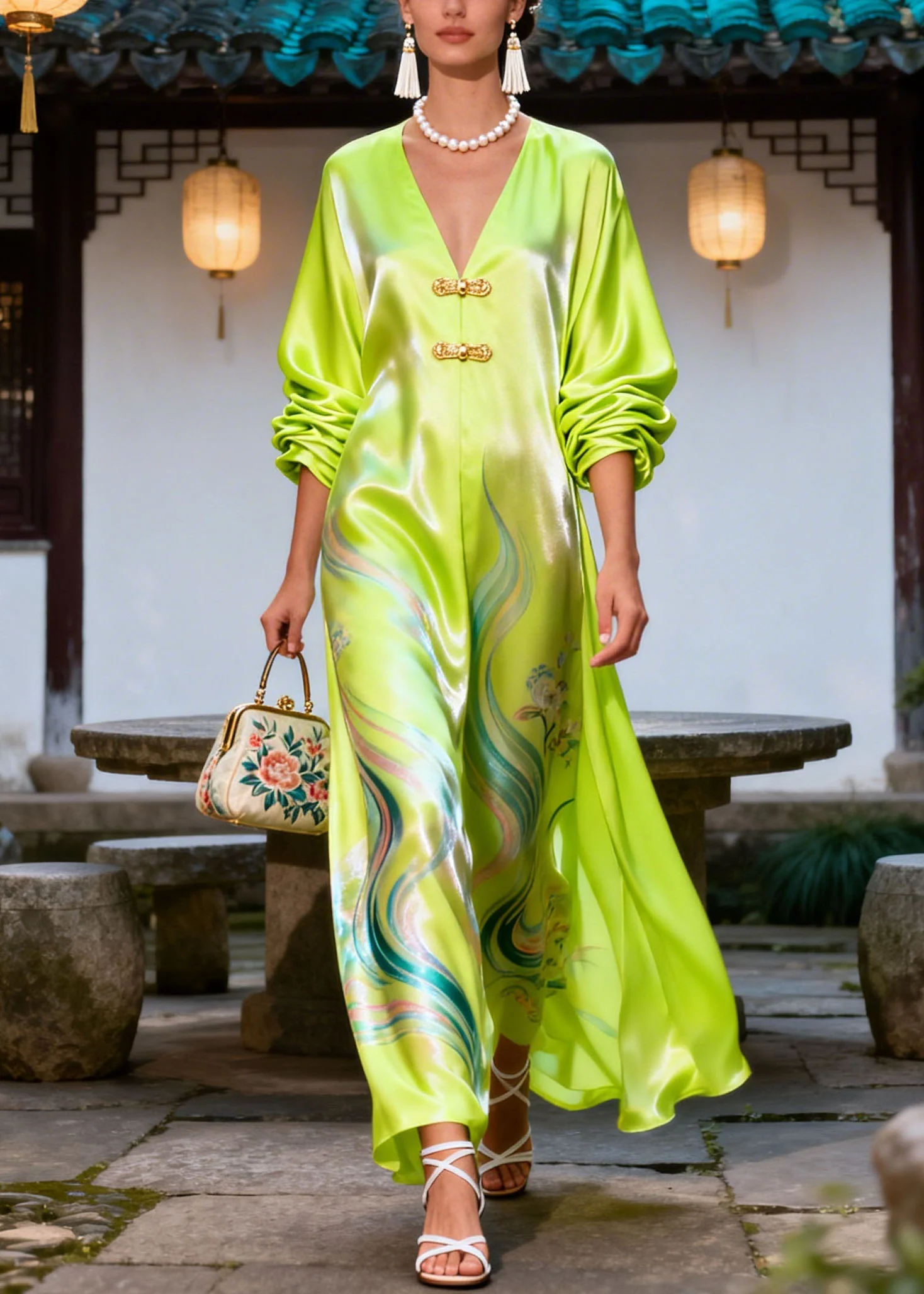Vintage Green V Neck Print Chinese Button Silk Dress Summer - Image 3