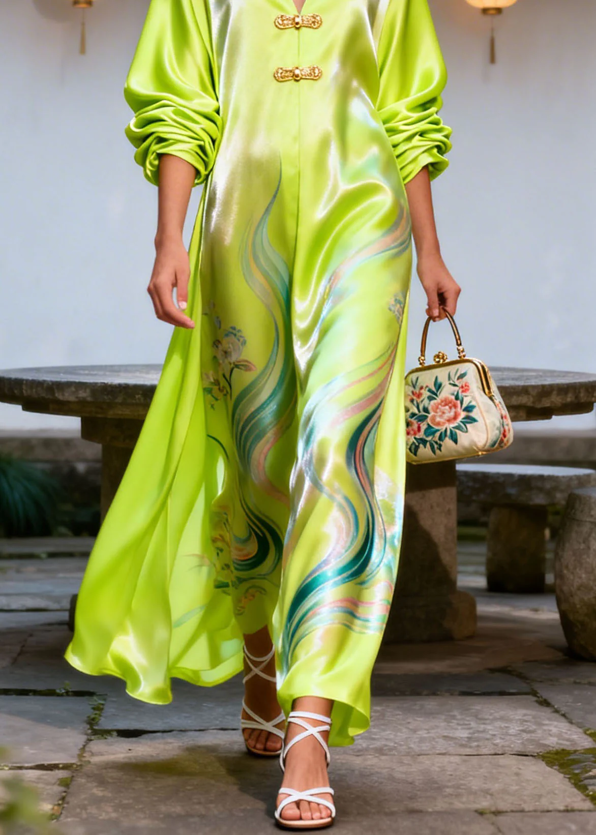 Vintage Green V Neck Print Chinese Button Silk Dress Summer - Image 4
