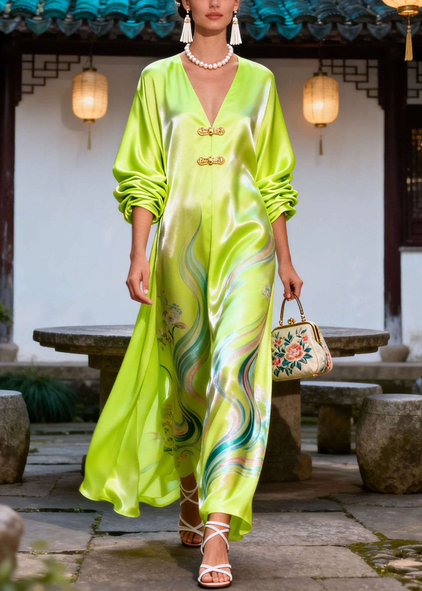 Vintage Green V Neck Print Chinese Button Silk Dress Summer - Image 5