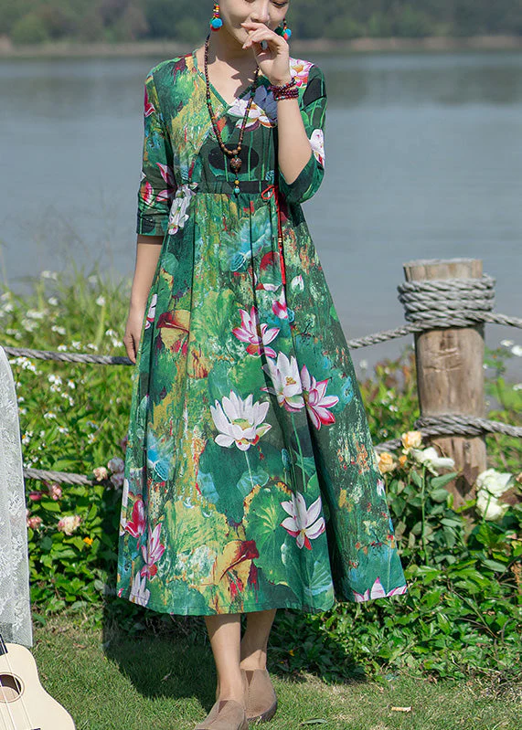 Vintage Green V Neck Print Elastic Waist Maxi Dresses Spring - Image 2