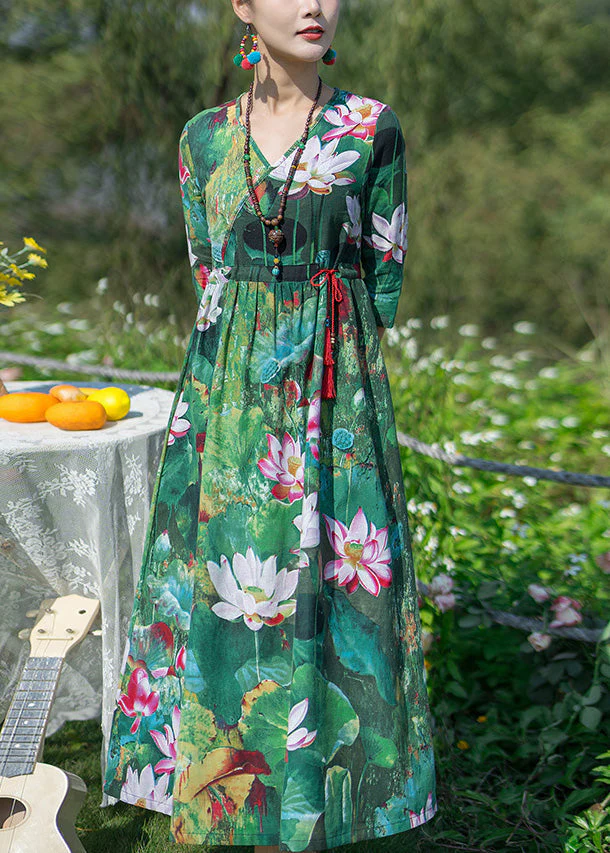 Vintage Green V Neck Print Elastic Waist Maxi Dresses Spring - Image 3