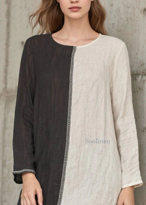 Vintage Grey Asymmetrical Patchwork Side Open Cotton Vacation Dresses Spring - Image 2