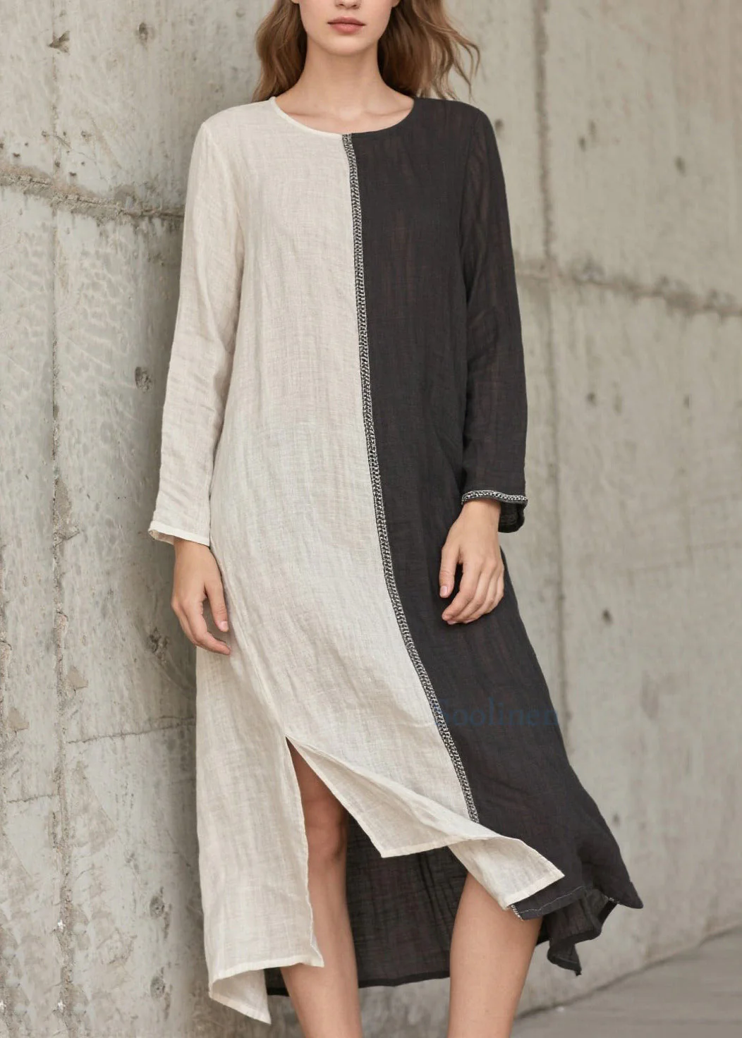 Vintage Grey Asymmetrical Patchwork Side Open Cotton Vacation Dresses Spring - Image 3