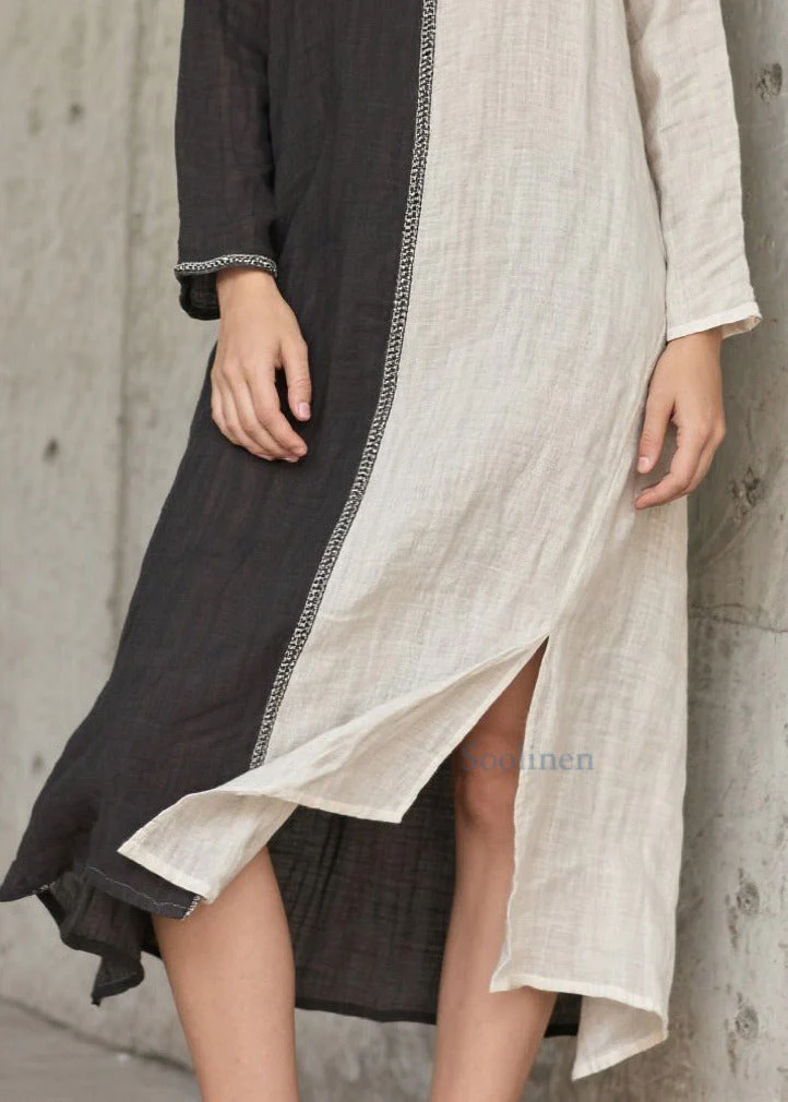 Vintage Grey Asymmetrical Patchwork Side Open Cotton Vacation Dresses Spring - Image 4