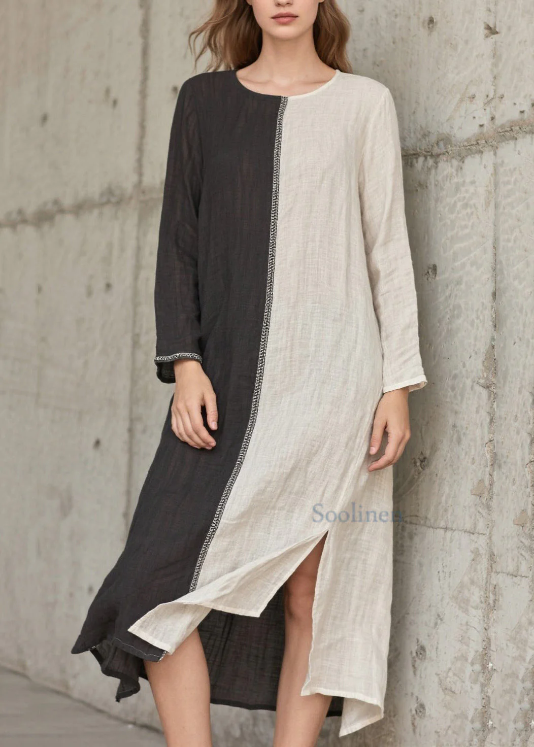 Vintage Grey Asymmetrical Patchwork Side Open Cotton Vacation Dresses Spring - Image 5