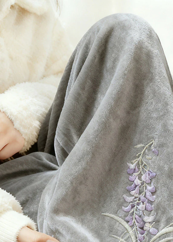 Vintage Grey Embroidered Warm Fleece Silk Velvet Pants Winter - Image 2