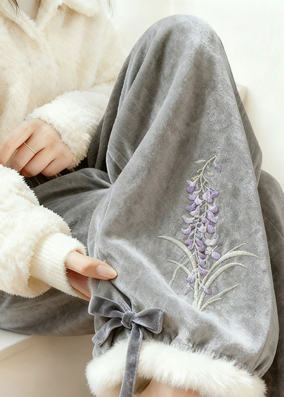 Vintage Grey Embroidered Warm Fleece Silk Velvet Pants Winter - Image 3