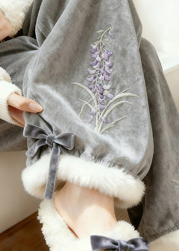 Vintage Grey Embroidered Warm Fleece Silk Velvet Pants Winter - Image 4