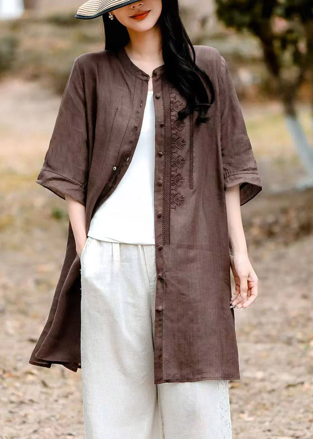 Vintage Grey O-Neck Embroidered Long Linen Shirt Short Sleeve - Image 4