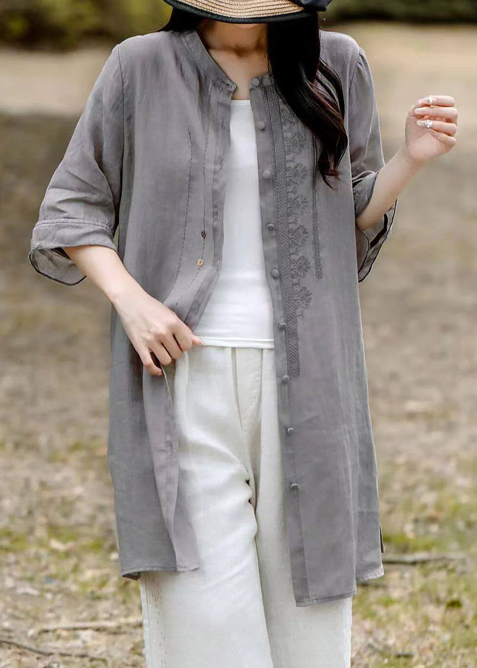 Vintage Grey O-Neck Embroidered Long Linen Shirt Short Sleeve - Image 5