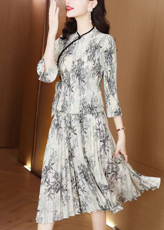 Vintage Grey Print Chiffon Oriental Dress Summer - Image 3