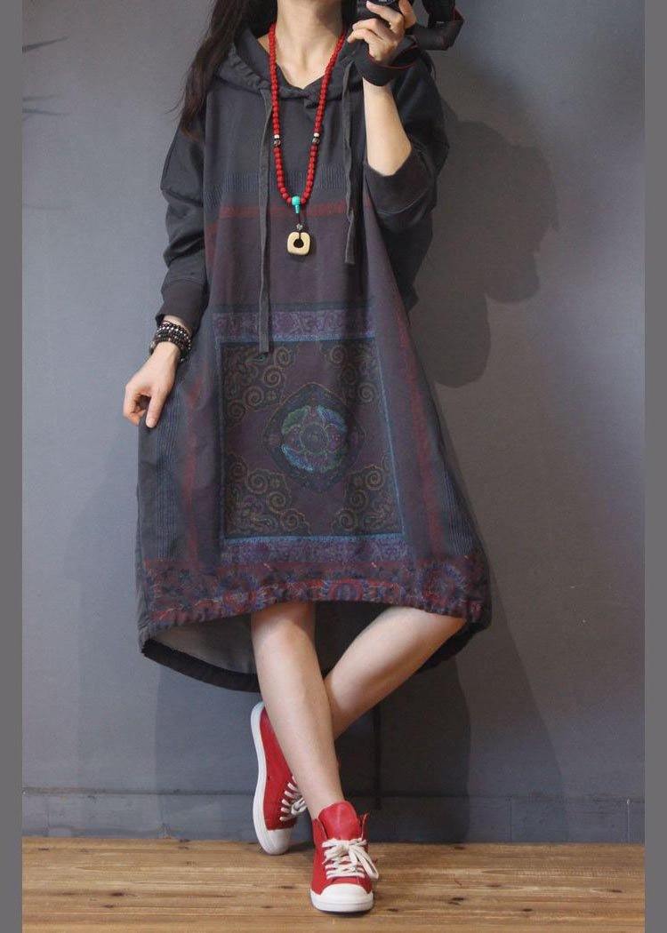 Vintage Grey Print Cotton hooded Summer Dress
