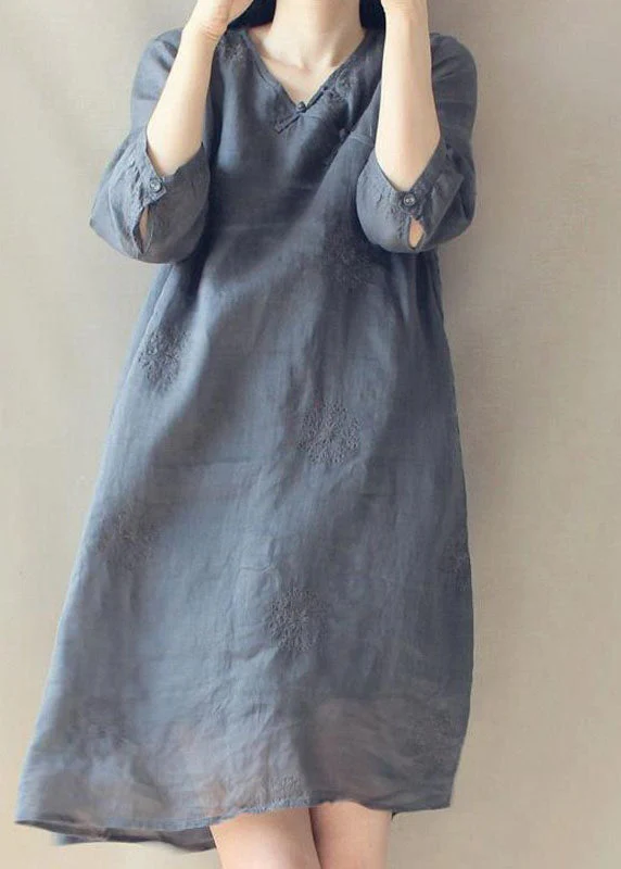 Vintage Grey V Neck Embroideried Button Linen Cheongsam Dress Half Sleeve - Image 2