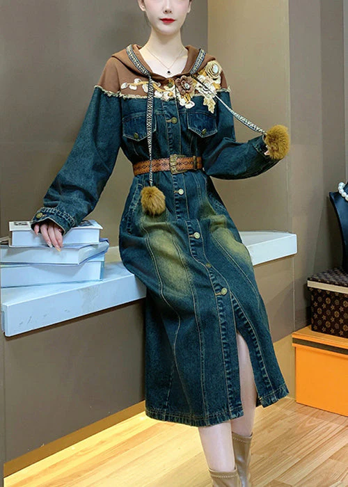 Vintage Hooded Sashes Patchwork Denim Shirts Dresses Spring - Image 2