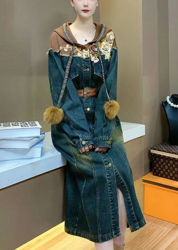 Vintage Hooded Sashes Patchwork Denim Shirts Dresses Spring - Image 3