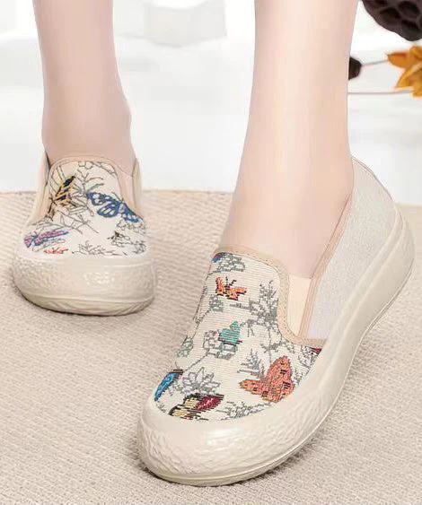 Vintage Jacquard Flat Feet Shoes Beige Cotton Fabric