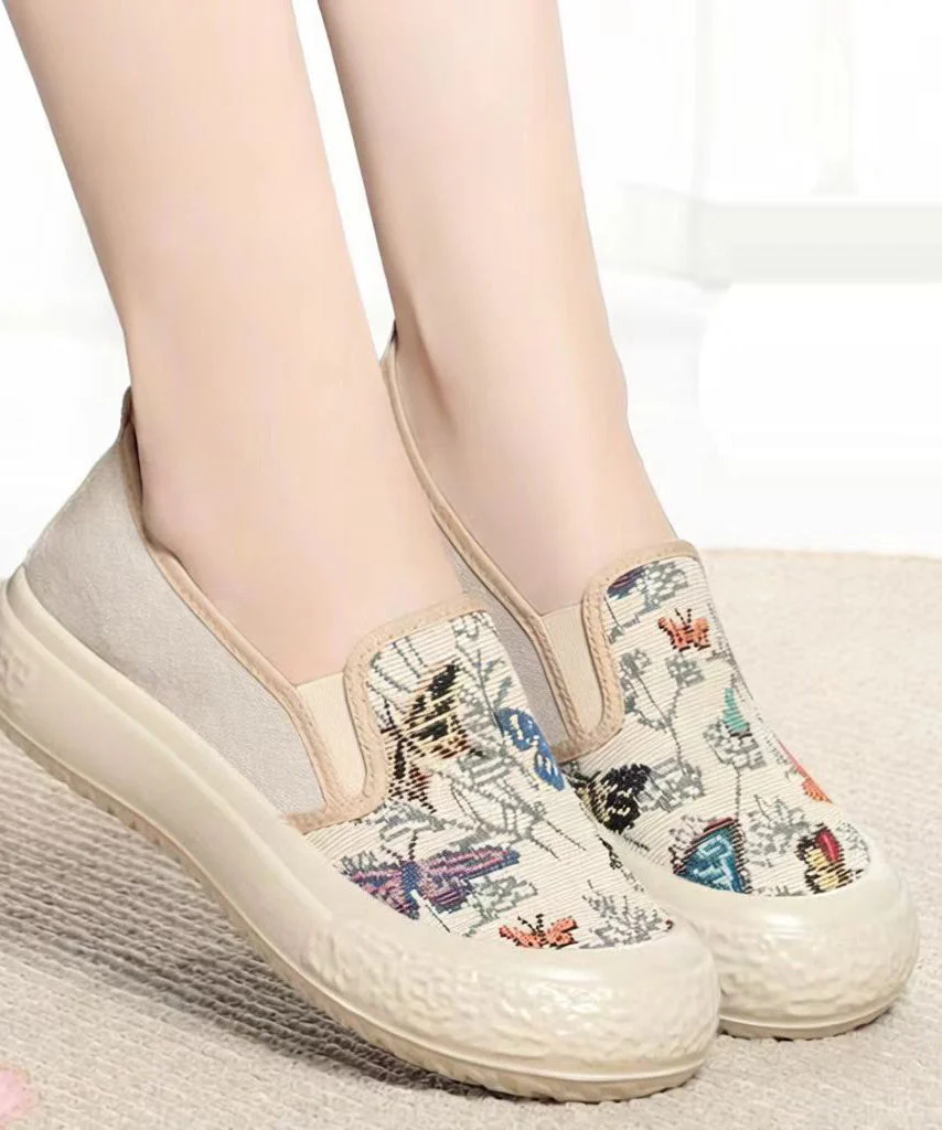 Vintage Jacquard Flat Feet Shoes Beige Cotton Fabric - Image 3