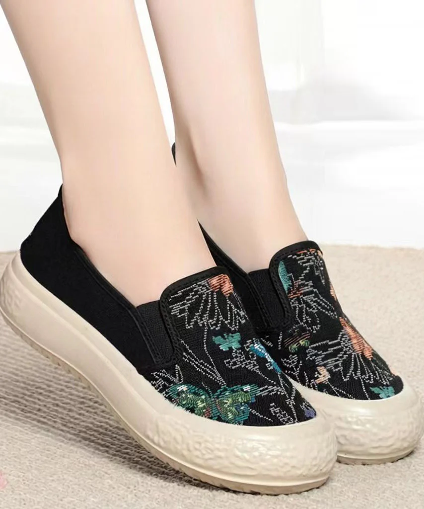 Vintage Jacquard Flat Feet Shoes Beige Cotton Fabric - Image 4