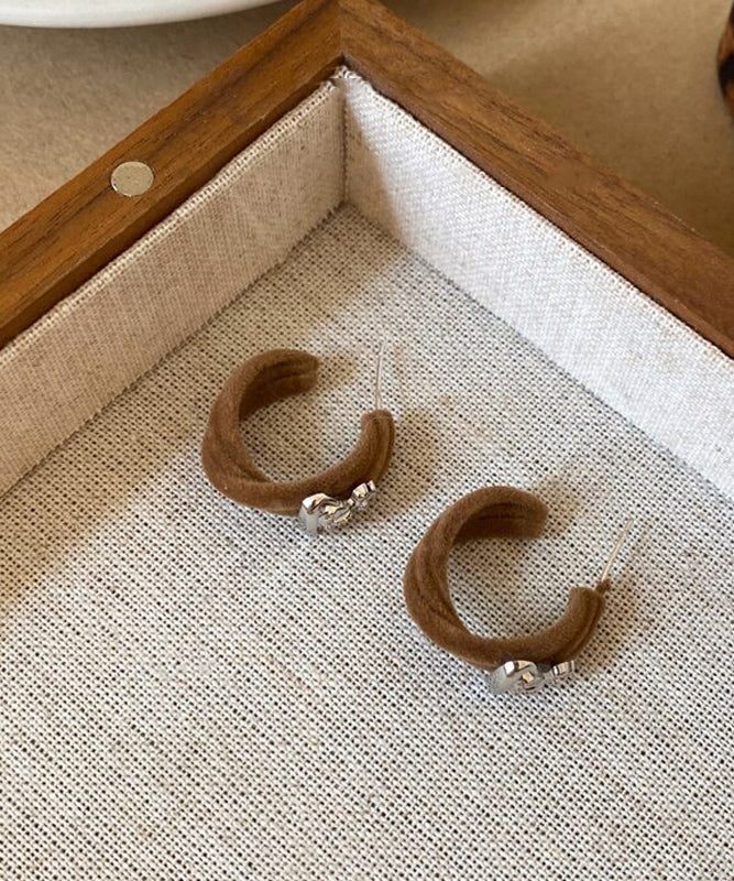 Vintage Khaki Copper Flocking Saturn C-Shaped Hoop Earrings - Image 3