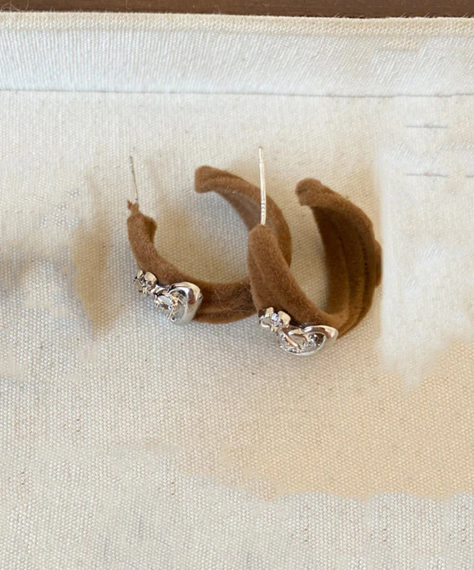 Vintage Khaki Copper Flocking Saturn C-Shaped Hoop Earrings - Image 5