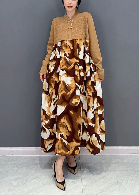Vintage Khaki Mandarin Collar Patchwork Print Holiday Dress Spring - Image 2