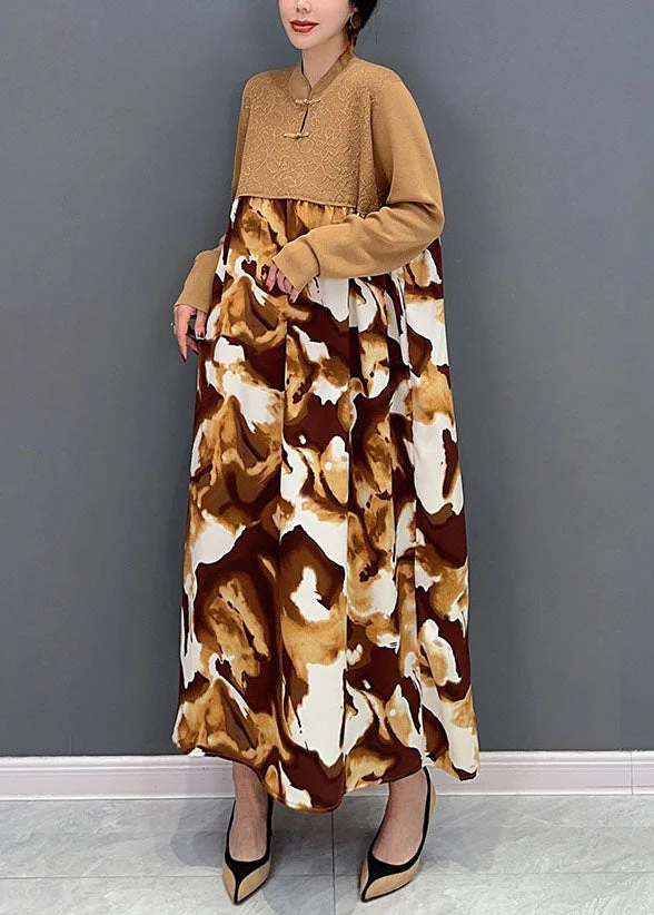 Vintage Khaki Mandarin Collar Patchwork Print Holiday Dress Spring - Image 3