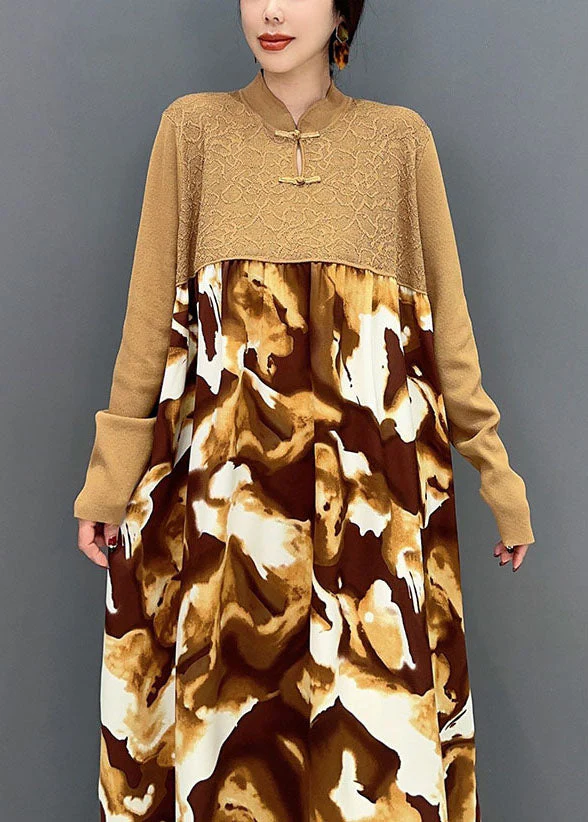 Vintage Khaki Mandarin Collar Patchwork Print Holiday Dress Spring - Image 4