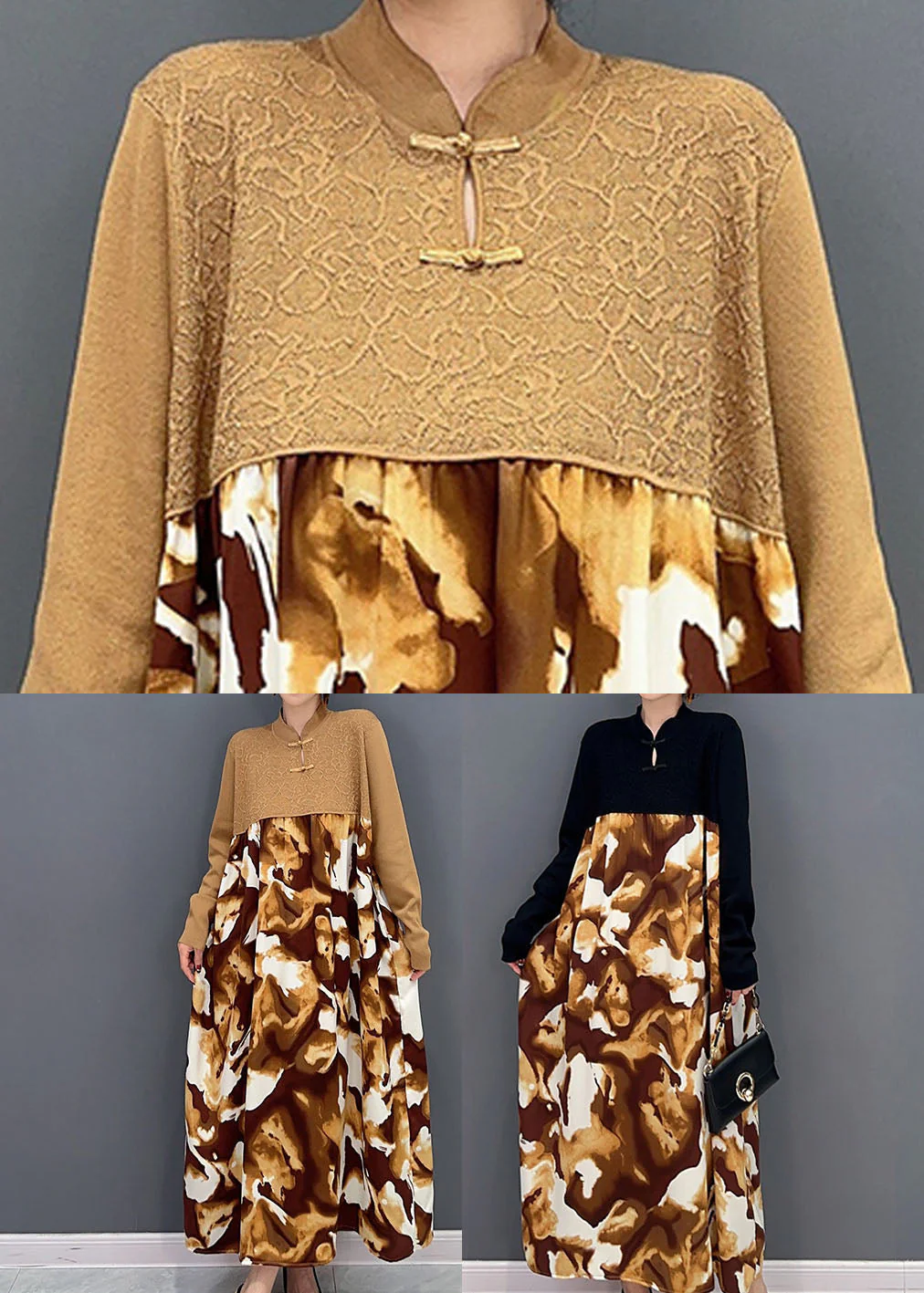 Vintage Khaki Mandarin Collar Patchwork Print Holiday Dress Spring - Image 5