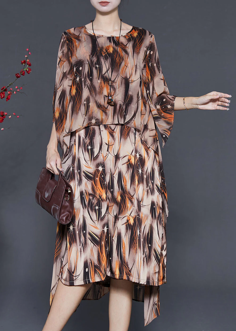 Vintage Khaki Oversized Print Chiffon Vacation Dresses Summer - Image 2